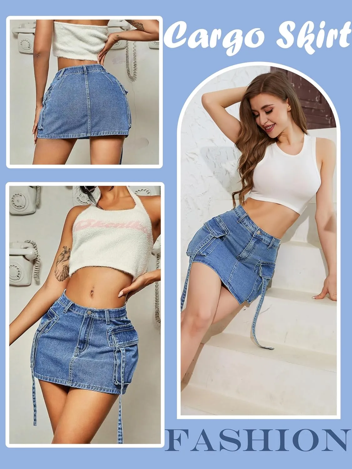 Denim Skirt y2k Button Mini Skirt Jean Skirt Cargo Skirts for Women with Pocket Low Waist
