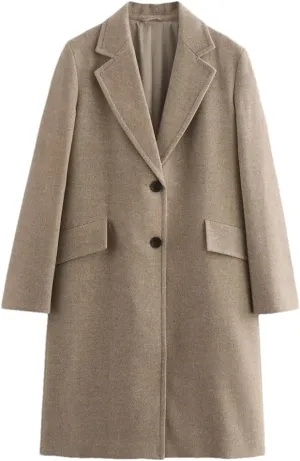 Disimlarl Women Solid Color Woolen Coat Casual Long Soft Overcoat Notched Collar Two Buttons Overcoat