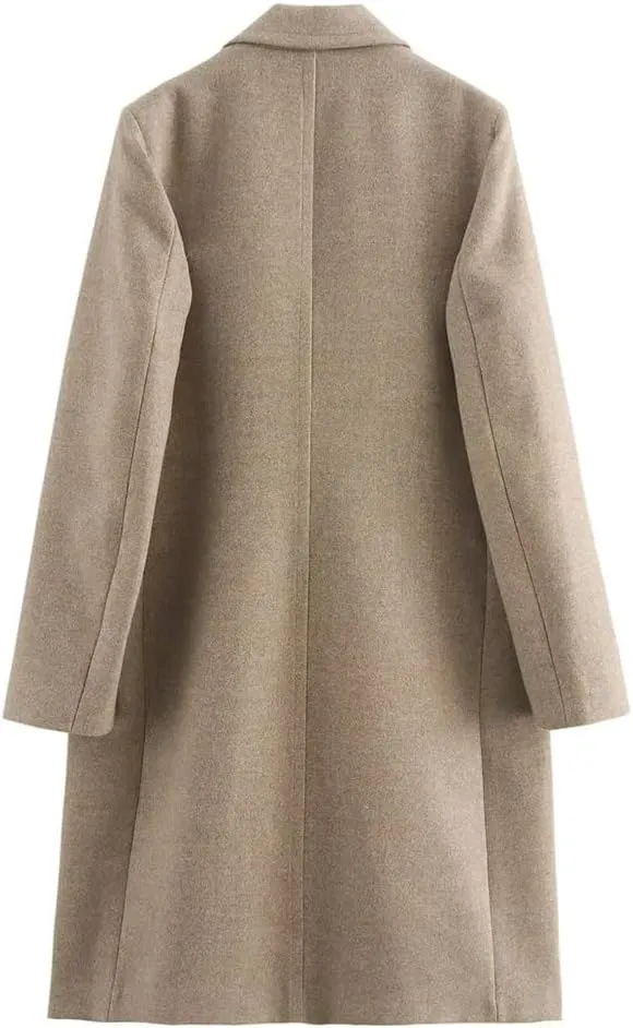 Disimlarl Women Solid Color Woolen Coat Casual Long Soft Overcoat Notched Collar Two Buttons Overcoat