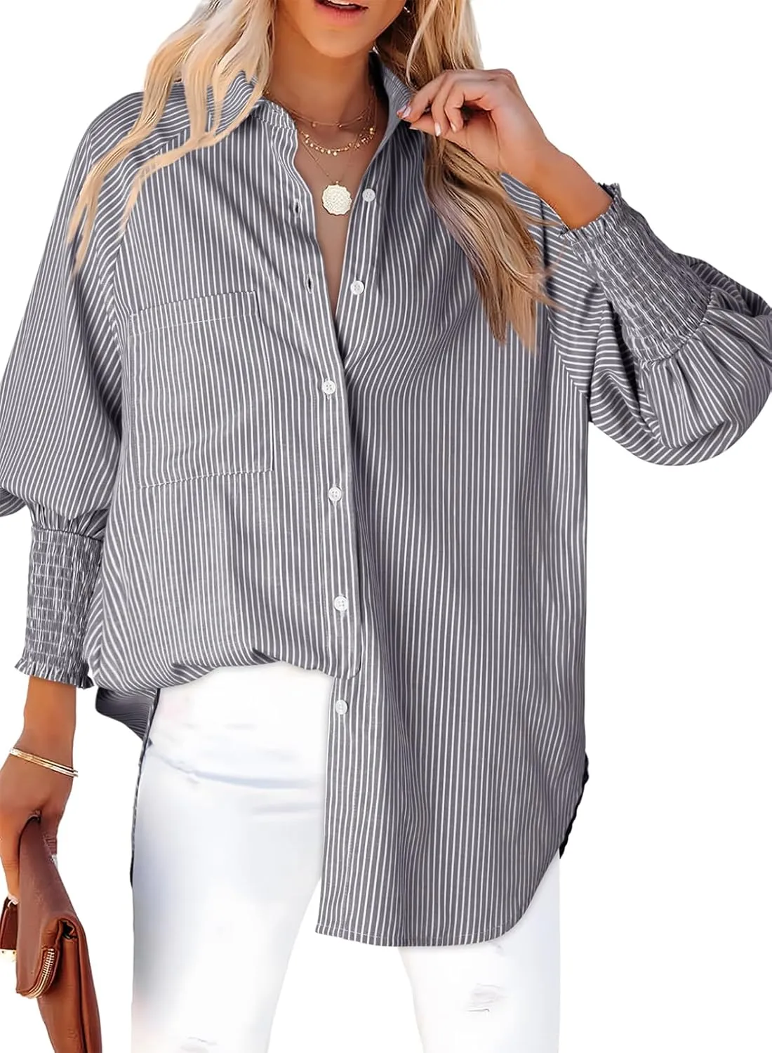 Dokotoo Womens V Neck Striped Button Down Shirts Long Sleeve Tunic Tops