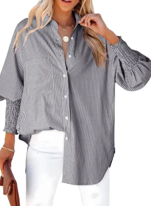 Dokotoo Womens V Neck Striped Button Down Shirts Long Sleeve Tunic Tops