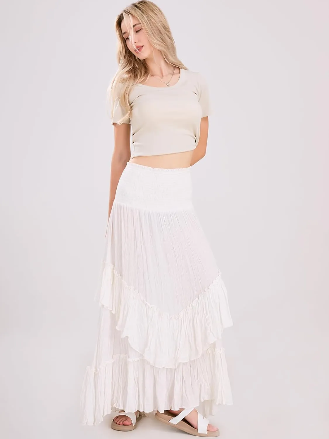 ebossy Women's Smocked High Waist Pleated Ruffles Layered Tiered A-Line Flowy Maxi Skirt