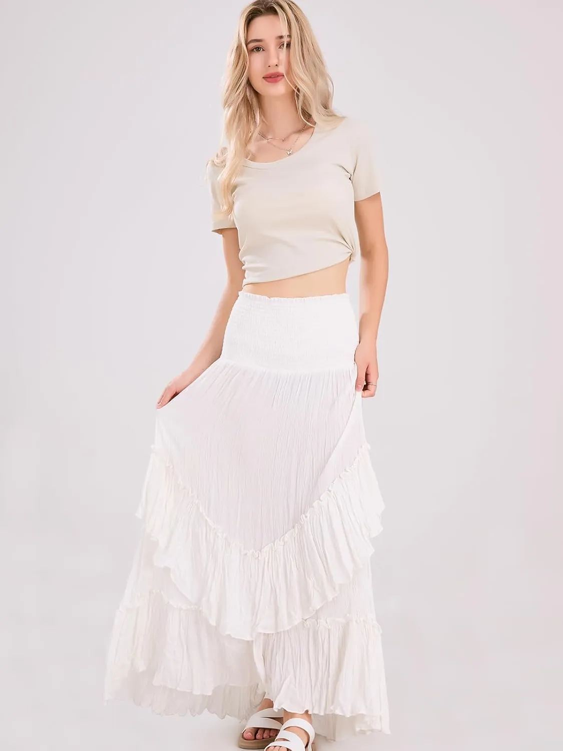 ebossy Women's Smocked High Waist Pleated Ruffles Layered Tiered A-Line Flowy Maxi Skirt