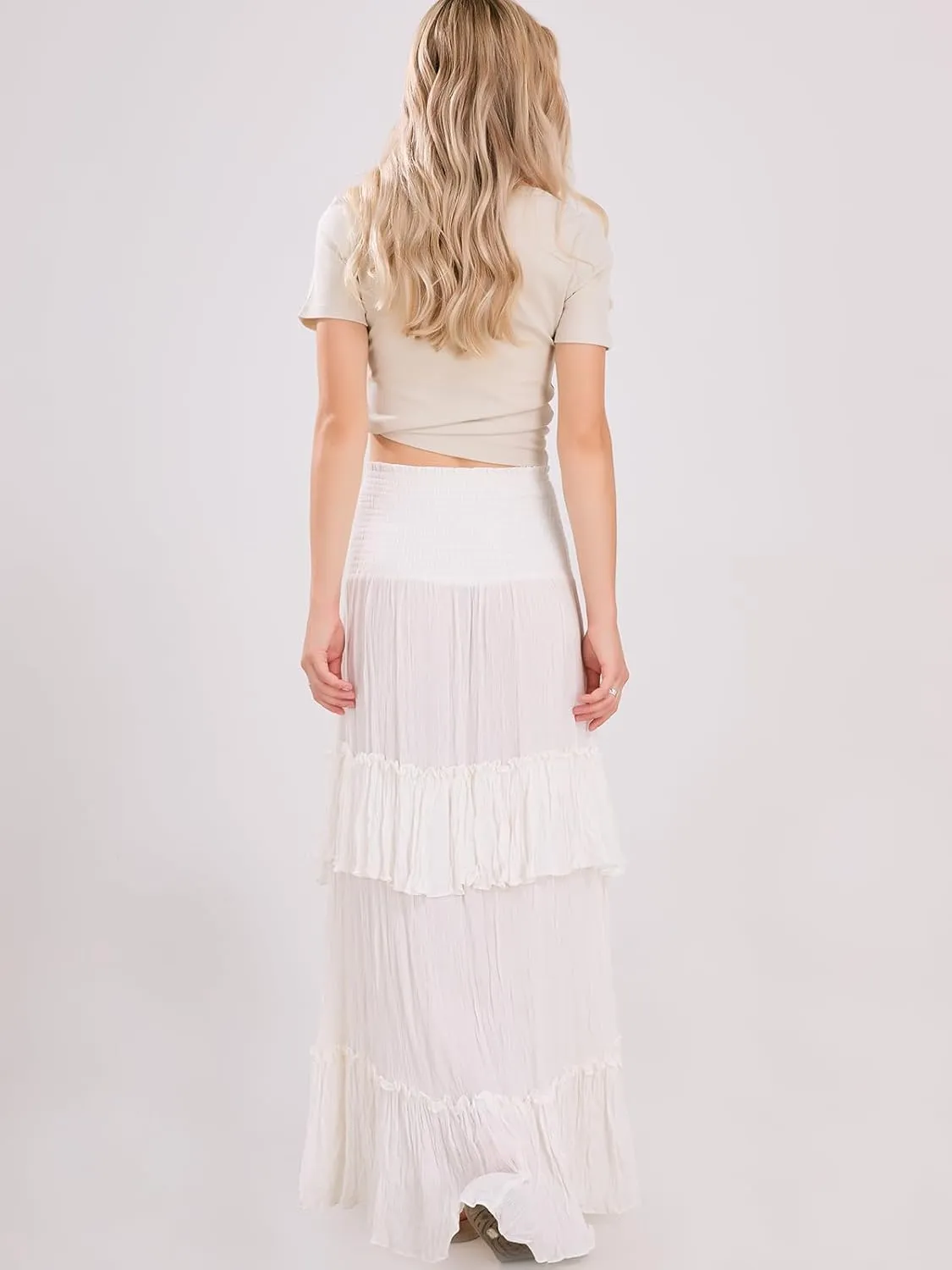 ebossy Women's Smocked High Waist Pleated Ruffles Layered Tiered A-Line Flowy Maxi Skirt
