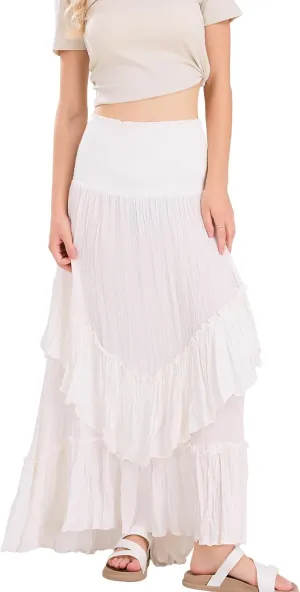 ebossy Women's Smocked High Waist Pleated Ruffles Layered Tiered A-Line Flowy Maxi Skirt
