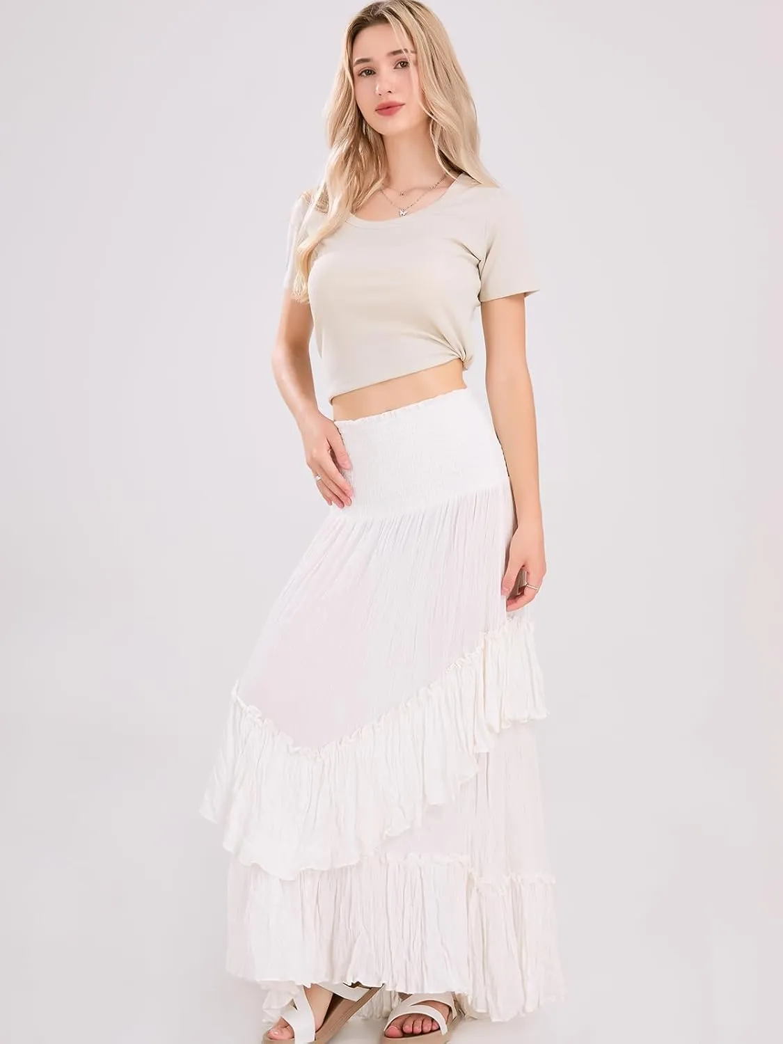 ebossy Women's Smocked High Waist Pleated Ruffles Layered Tiered A-Line Flowy Maxi Skirt
