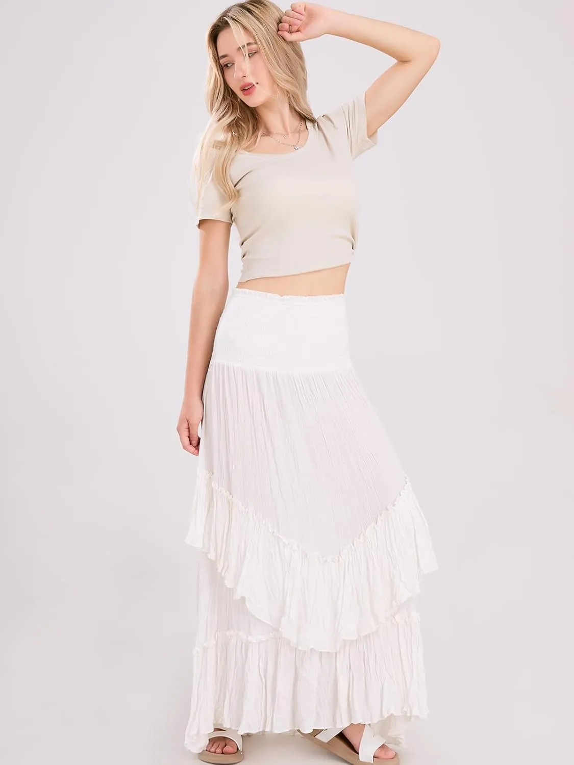 ebossy Women's Smocked High Waist Pleated Ruffles Layered Tiered A-Line Flowy Maxi Skirt