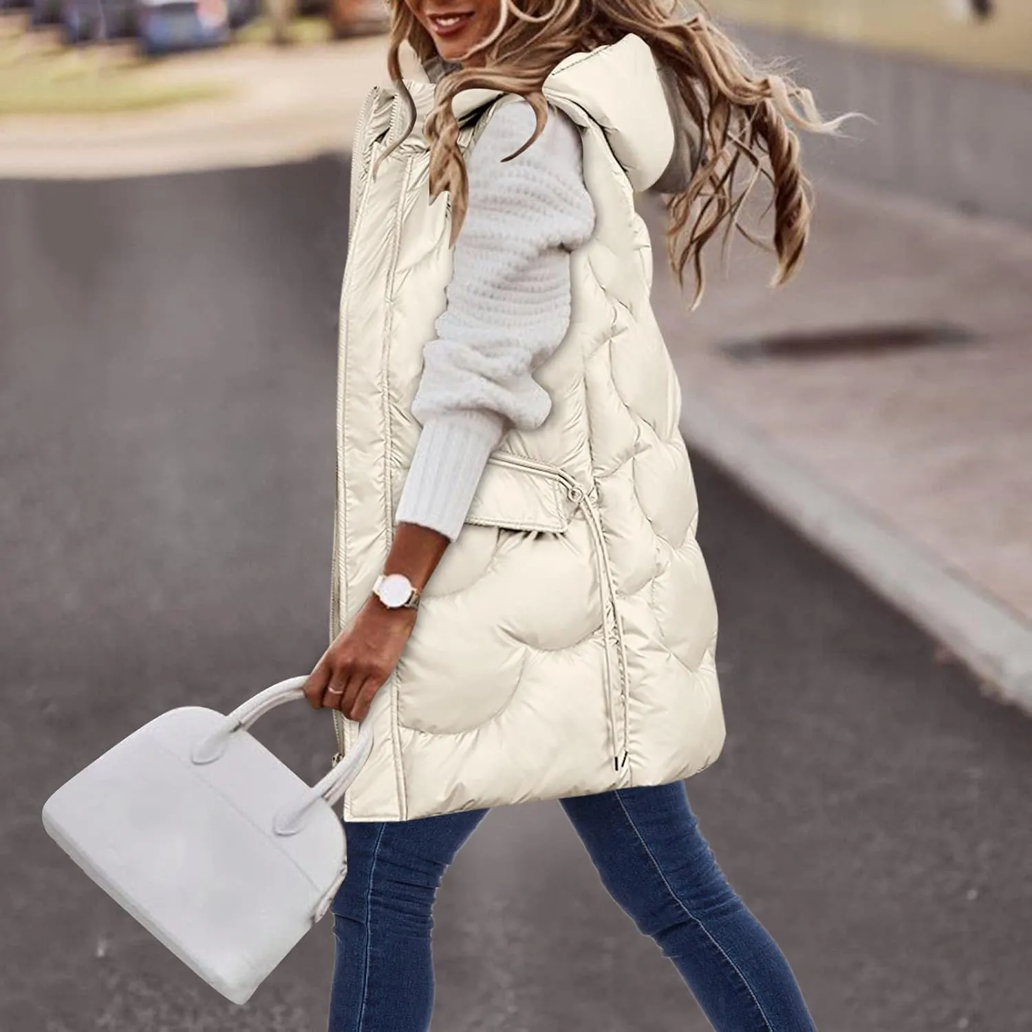 Eduavar Puffer Jacket Womens with Hood Winter Coats for Women 2024 Fashion Sleeveless Quilted Down Jacket with Pockets