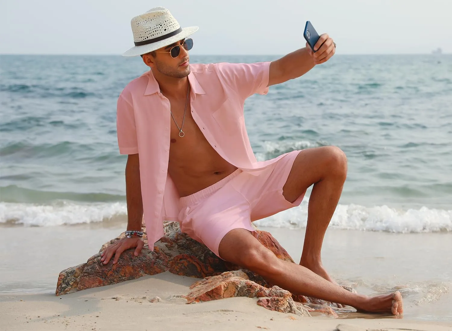EISHOPEER Men Linen Sets Outfits Casual Short Sleeve Button Down Shirts Cotton Linen Beach Shorts Set