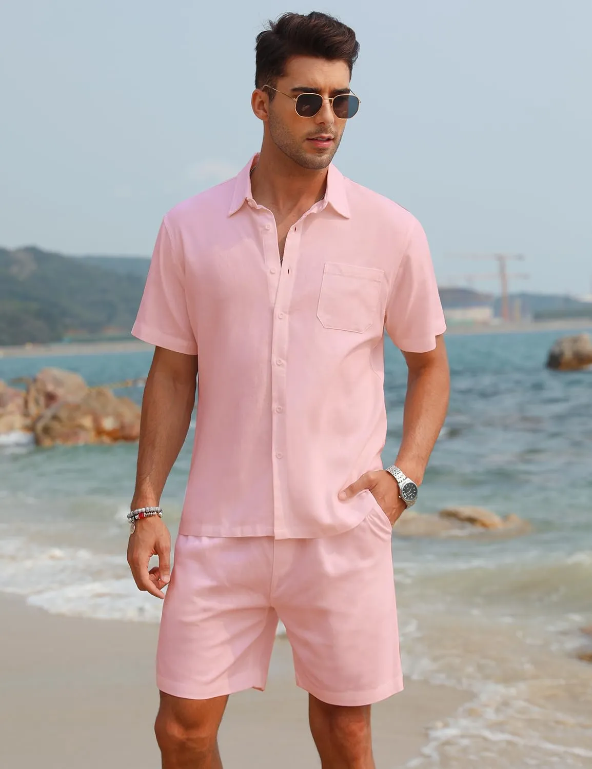 EISHOPEER Men Linen Sets Outfits Casual Short Sleeve Button Down Shirts Cotton Linen Beach Shorts Set