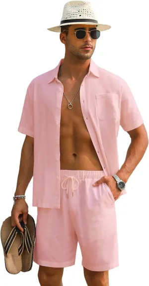 EISHOPEER Men Linen Sets Outfits Casual Short Sleeve Button Down Shirts Cotton Linen Beach Shorts Set