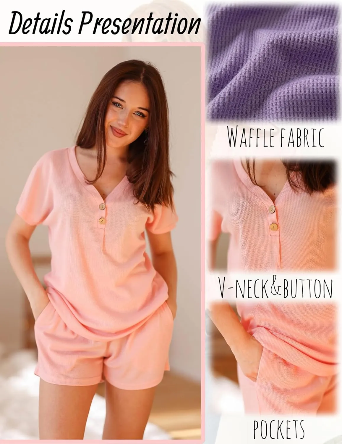 Ekouaer Womens 2 Piece Short Sets Waffle Knit Lounge Set Women's Pajama Set Summer Outfits V Neck and Shorts with Pockets