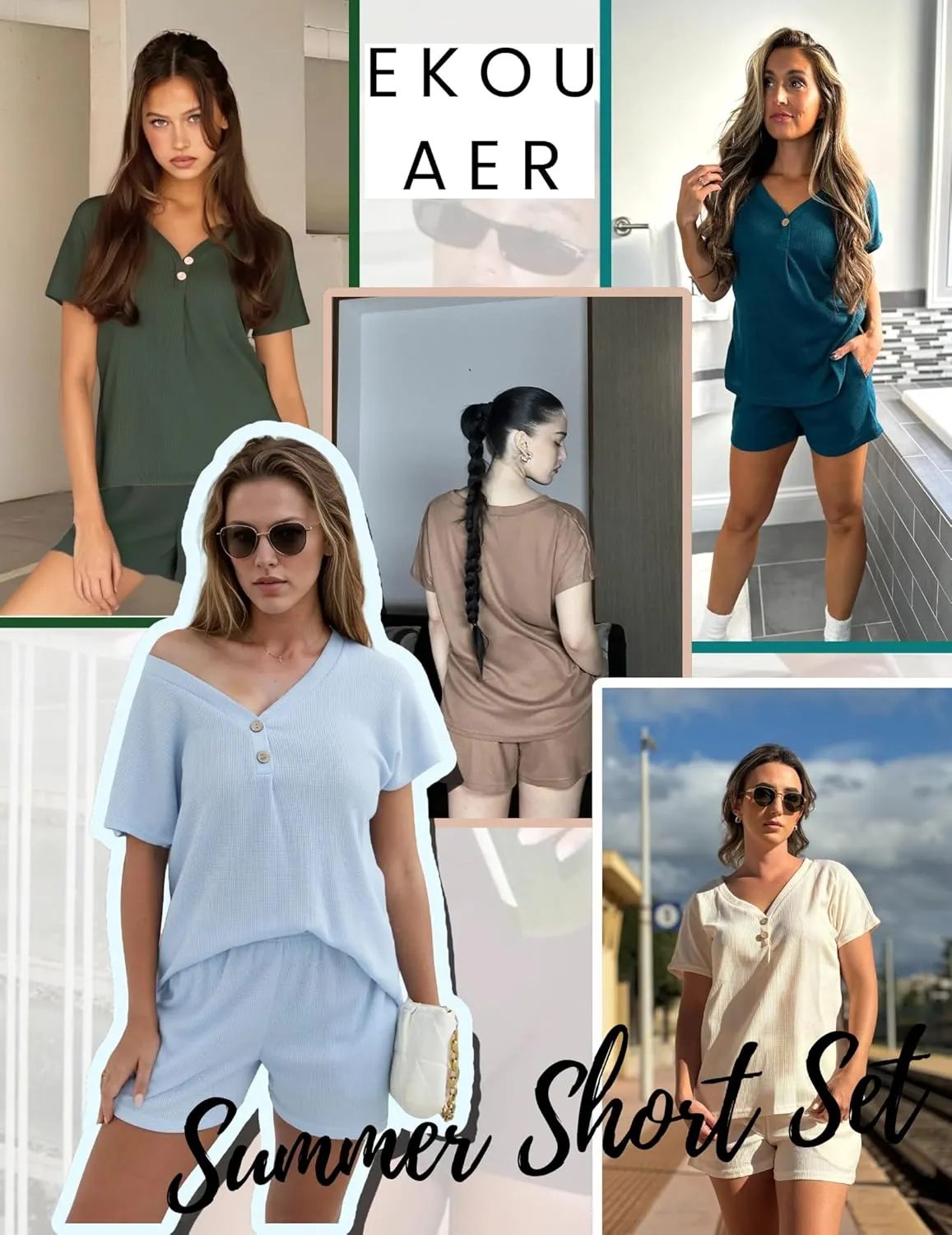 Ekouaer Womens 2 Piece Short Sets Waffle Knit Lounge Set Women's Pajama Set Summer Outfits V Neck and Shorts with Pockets