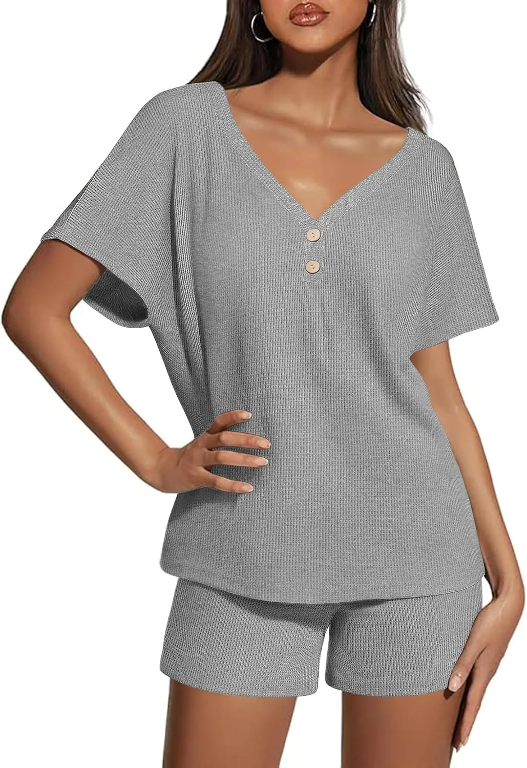 Ekouaer Womens 2 Piece Short Sets Waffle Knit Lounge Set Women's Pajama Set Summer Outfits V Neck and Shorts with Pockets