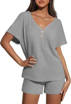 Ekouaer Womens 2 Piece Short Sets Waffle Knit Lounge Set Women's Pajama Set Summer Outfits V Neck and Shorts with Pockets