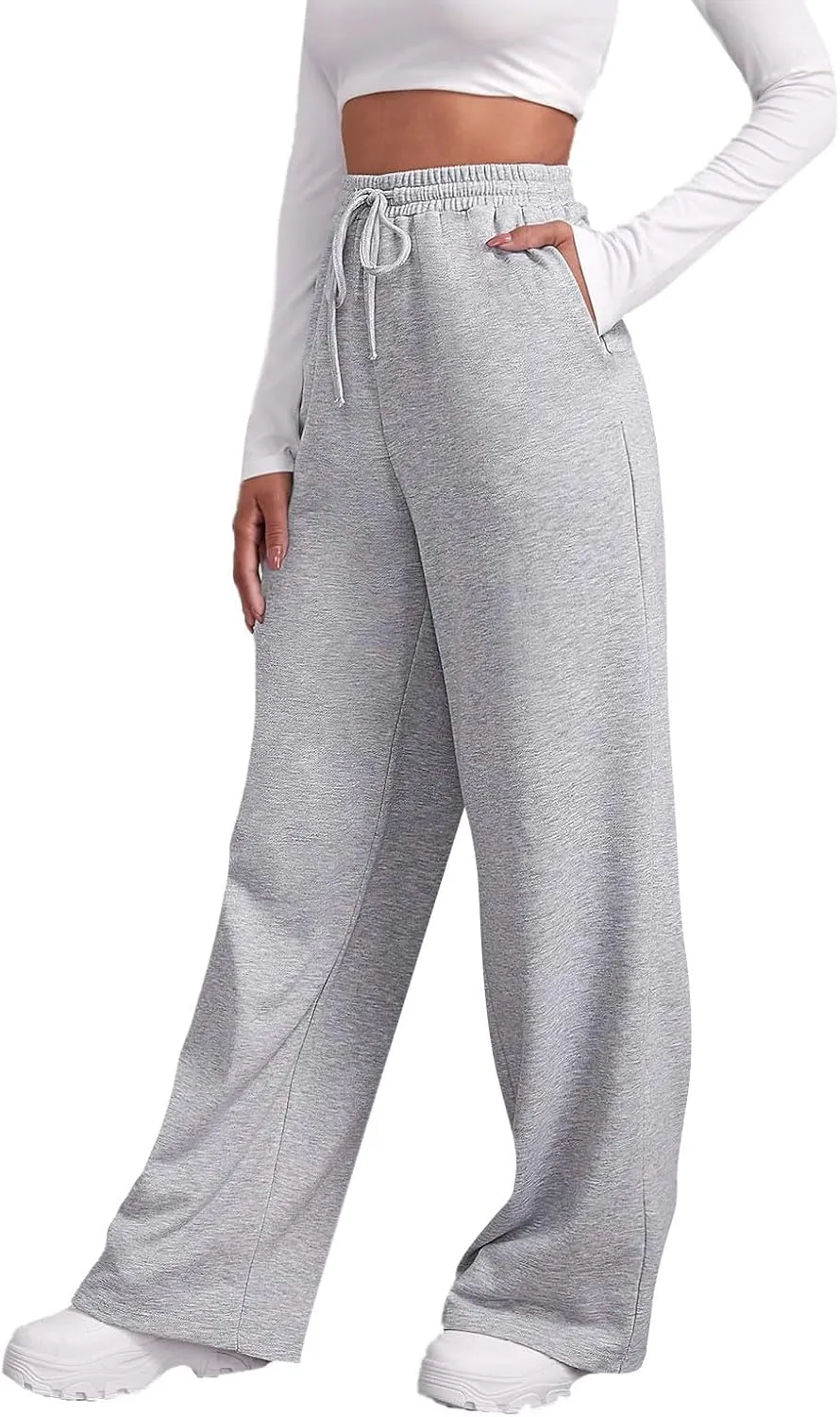 eoeioa Fleece Wide Leg Sweatpants Women Stretch Drawstring Waist Straight Leg Sweatpants Baggy Joggers Yoga Pants with Pocket