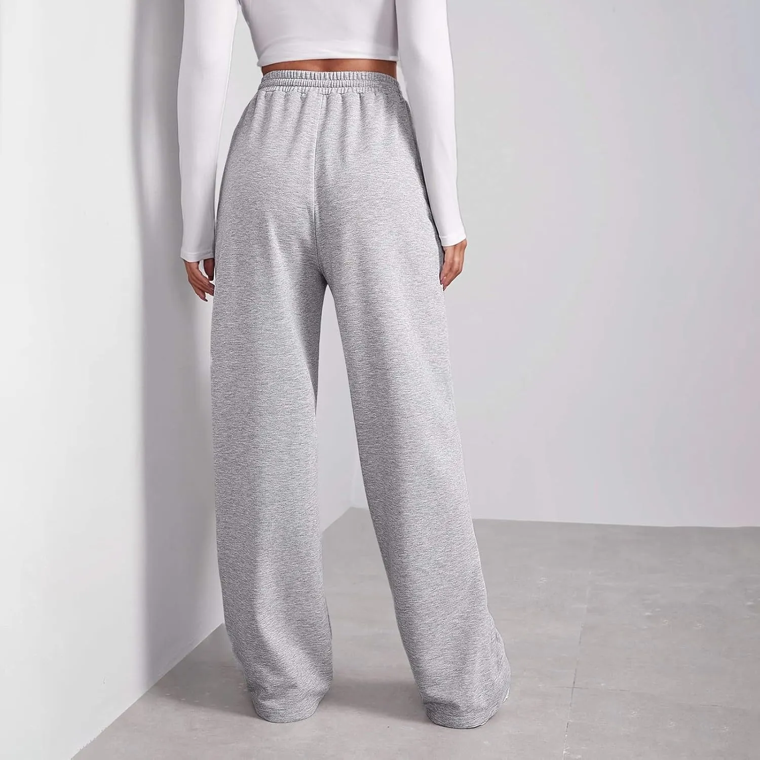 eoeioa Fleece Wide Leg Sweatpants Women Stretch Drawstring Waist Straight Leg Sweatpants Baggy Joggers Yoga Pants with Pocket