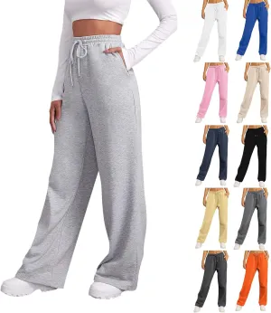 eoeioa Fleece Wide Leg Sweatpants Women Stretch Drawstring Waist Straight Leg Sweatpants Baggy Joggers Yoga Pants with Pocket