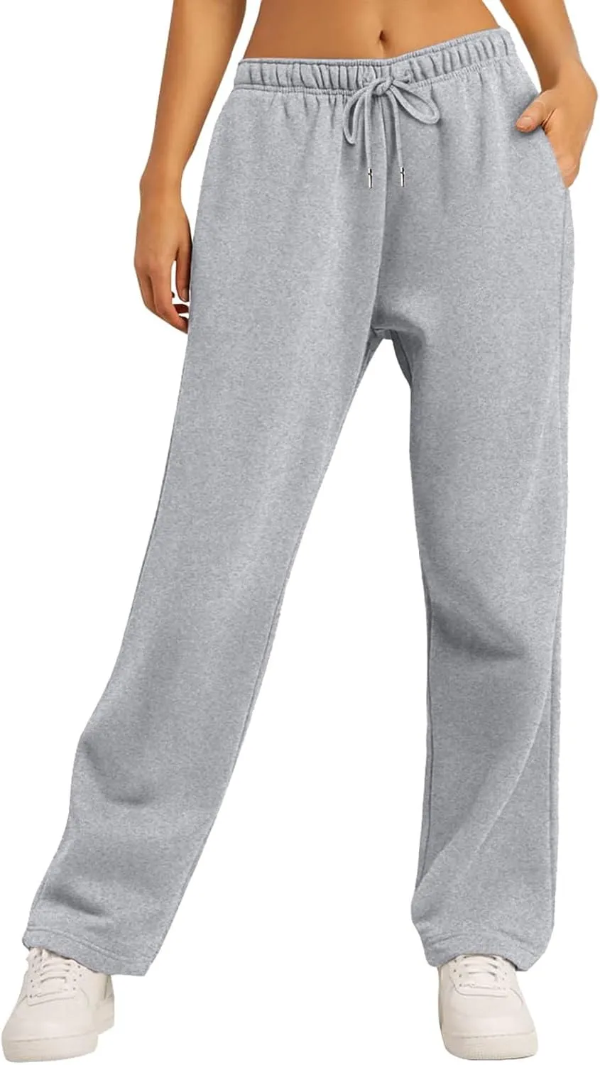 eoeioa Fleece Wide Leg Sweatpants Women Stretch Drawstring Waist Straight Leg Sweatpants Baggy Joggers Yoga Pants with Pocket