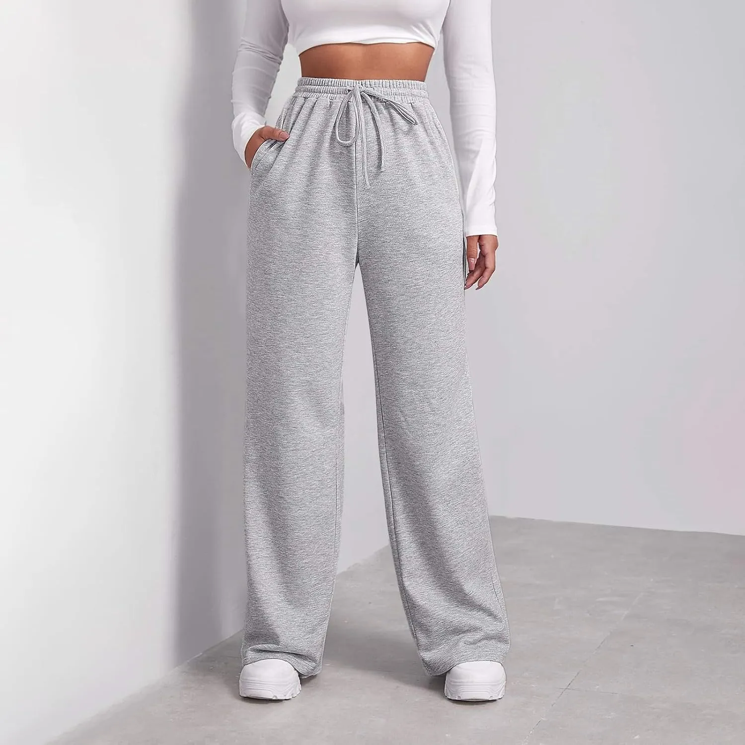 eoeioa Fleece Wide Leg Sweatpants Women Stretch Drawstring Waist Straight Leg Sweatpants Baggy Joggers Yoga Pants with Pocket