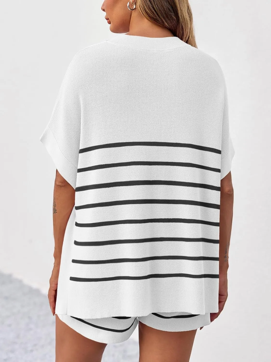 Fisoew Women's Striped 2 Piece Outfits Oversized Batwing Short Sleeve Tops High Waisted Shorts Summer Knit Lounge Short Sets