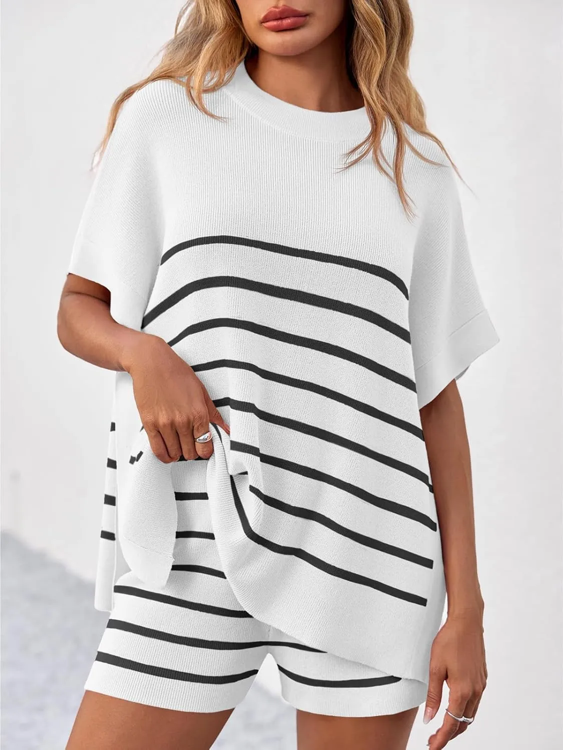 Fisoew Women's Striped 2 Piece Outfits Oversized Batwing Short Sleeve Tops High Waisted Shorts Summer Knit Lounge Short Sets