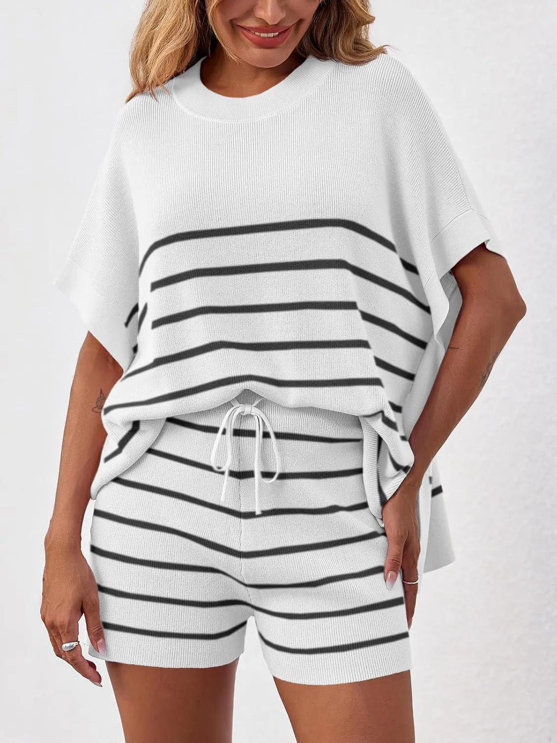 Fisoew Women's Striped 2 Piece Outfits Oversized Batwing Short Sleeve Tops High Waisted Shorts Summer Knit Lounge Short Sets