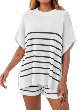 Fisoew Women's Striped 2 Piece Outfits Oversized Batwing Short Sleeve Tops High Waisted Shorts Summer Knit Lounge Short Sets