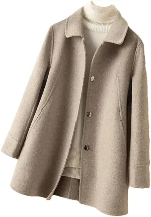 Fjnbbiot Autumn Winter Coat Women Woolen Jacket Single-Breasted Double-Sided Cashmere Long Solid Color Pea Coat