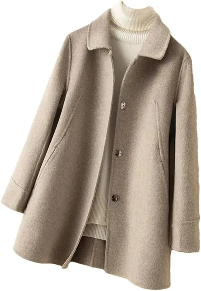 Fjnbbiot Autumn Winter Coat Women Woolen Jacket Single-Breasted Double-Sided Cashmere Long Solid Color Pea Coat