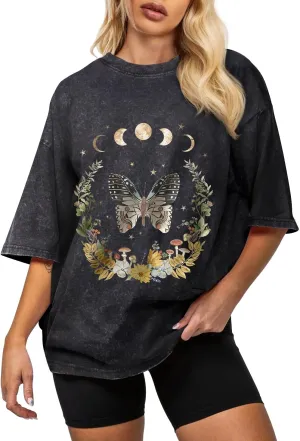 Flafens Oversized Acid Wash Vintage T Shirts for Women - Graphic Tees Womens Retro Cotton Cute Cool Loose Tshirts Teens Girls
