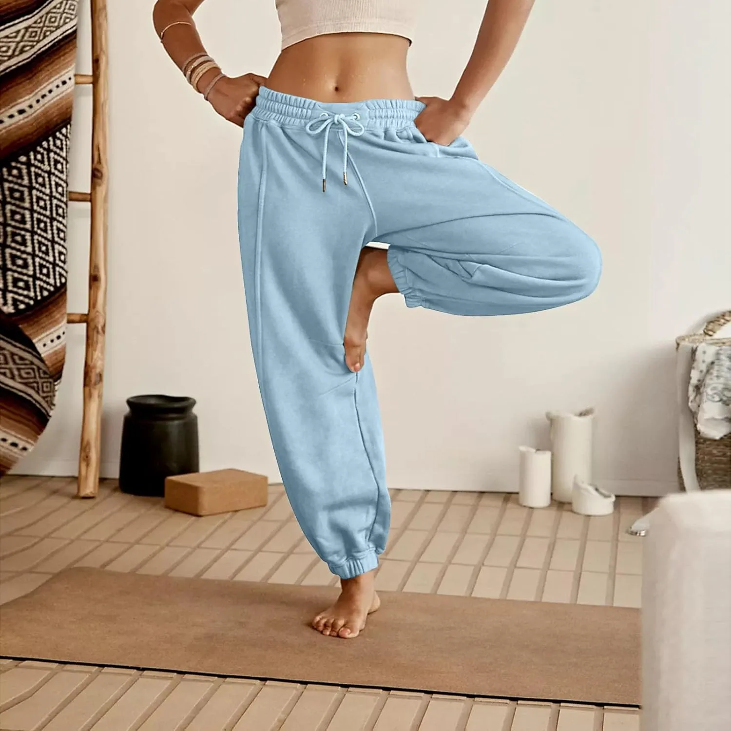 Fleece Lined Joggers Women Drawstring Straight Leg Baggy Sweatpants Warm Thermal Lounge Cotton Joggers with Pockets