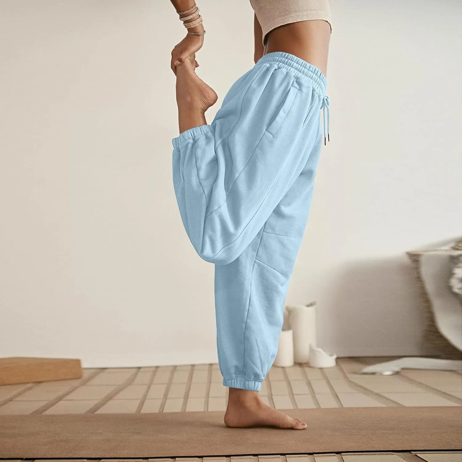 Fleece Lined Joggers Women Drawstring Straight Leg Baggy Sweatpants Warm Thermal Lounge Cotton Joggers with Pockets