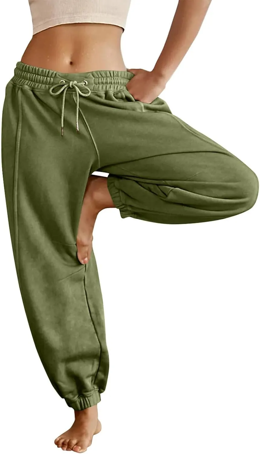Fleece Lined Joggers Women Drawstring Straight Leg Baggy Sweatpants Warm Thermal Lounge Cotton Joggers with Pockets