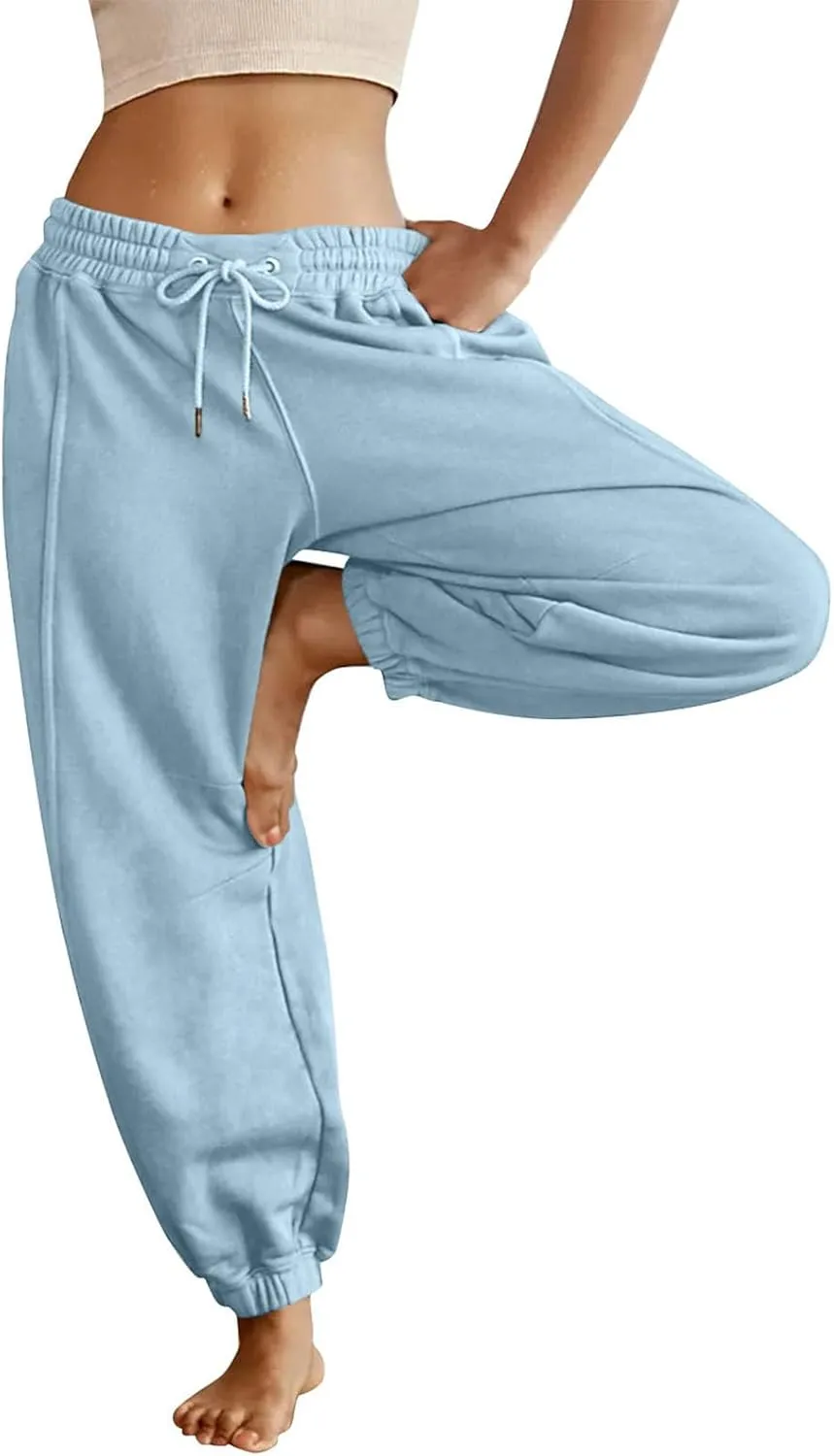 Fleece Lined Joggers Women Drawstring Straight Leg Baggy Sweatpants Warm Thermal Lounge Cotton Joggers with Pockets
