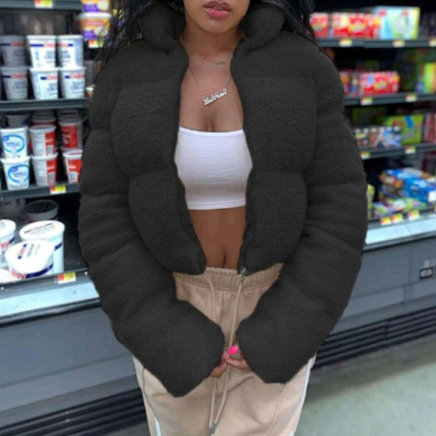 Flygo Shearling Fleece Cropped Puffer Jacket for Women Winter Stand Collar Zip Up Padded Down Coat