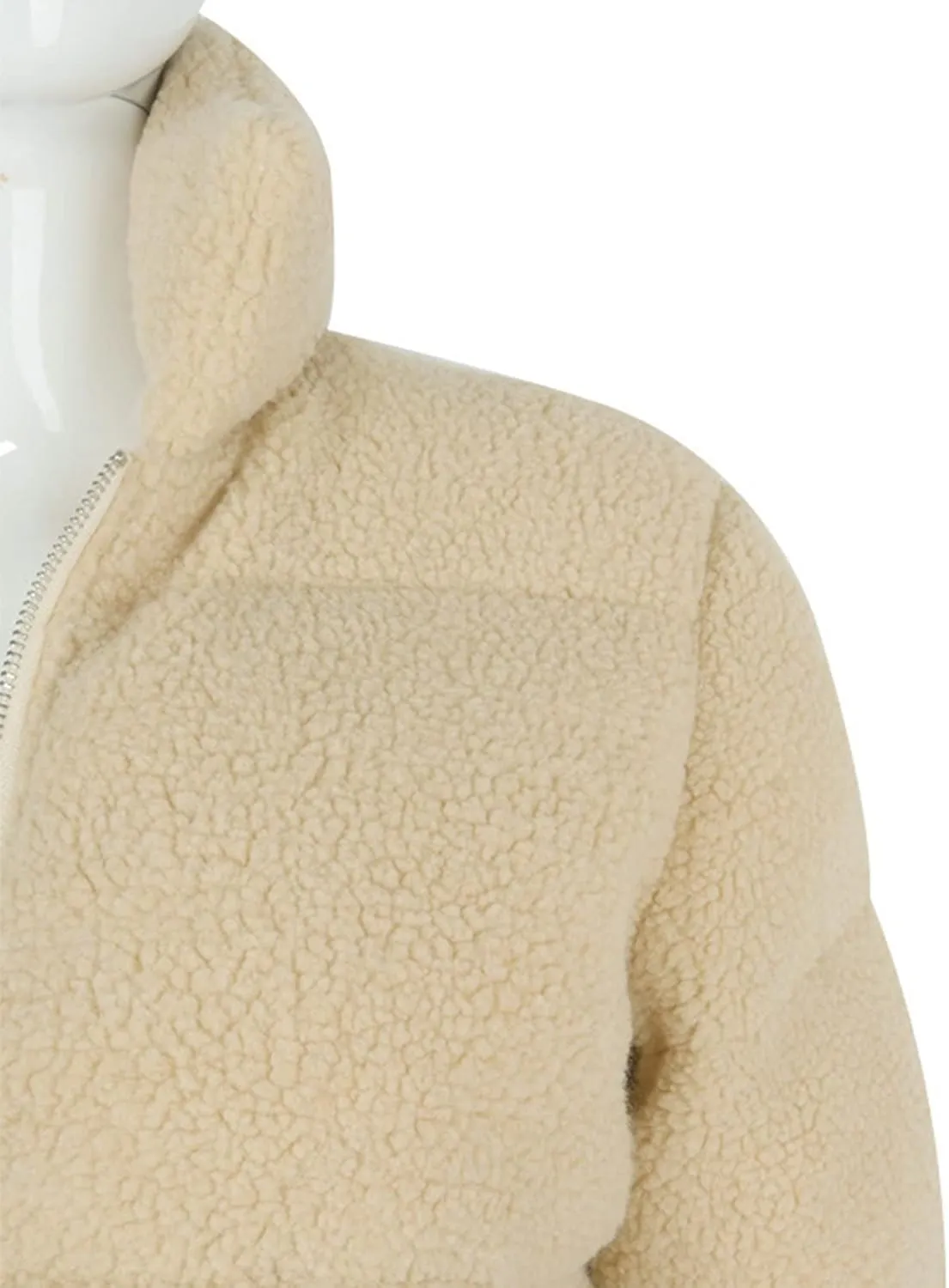 Flygo Shearling Fleece Cropped Puffer Jacket for Women Winter Stand Collar Zip Up Padded Down Coat