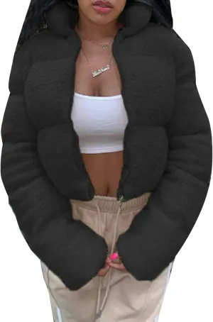 Flygo Shearling Fleece Cropped Puffer Jacket for Women Winter Stand Collar Zip Up Padded Down Coat