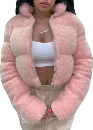 Flygo Shearling Fleece Cropped Puffer Jacket for Women Winter Stand Collar Zip Up Padded Down Coat