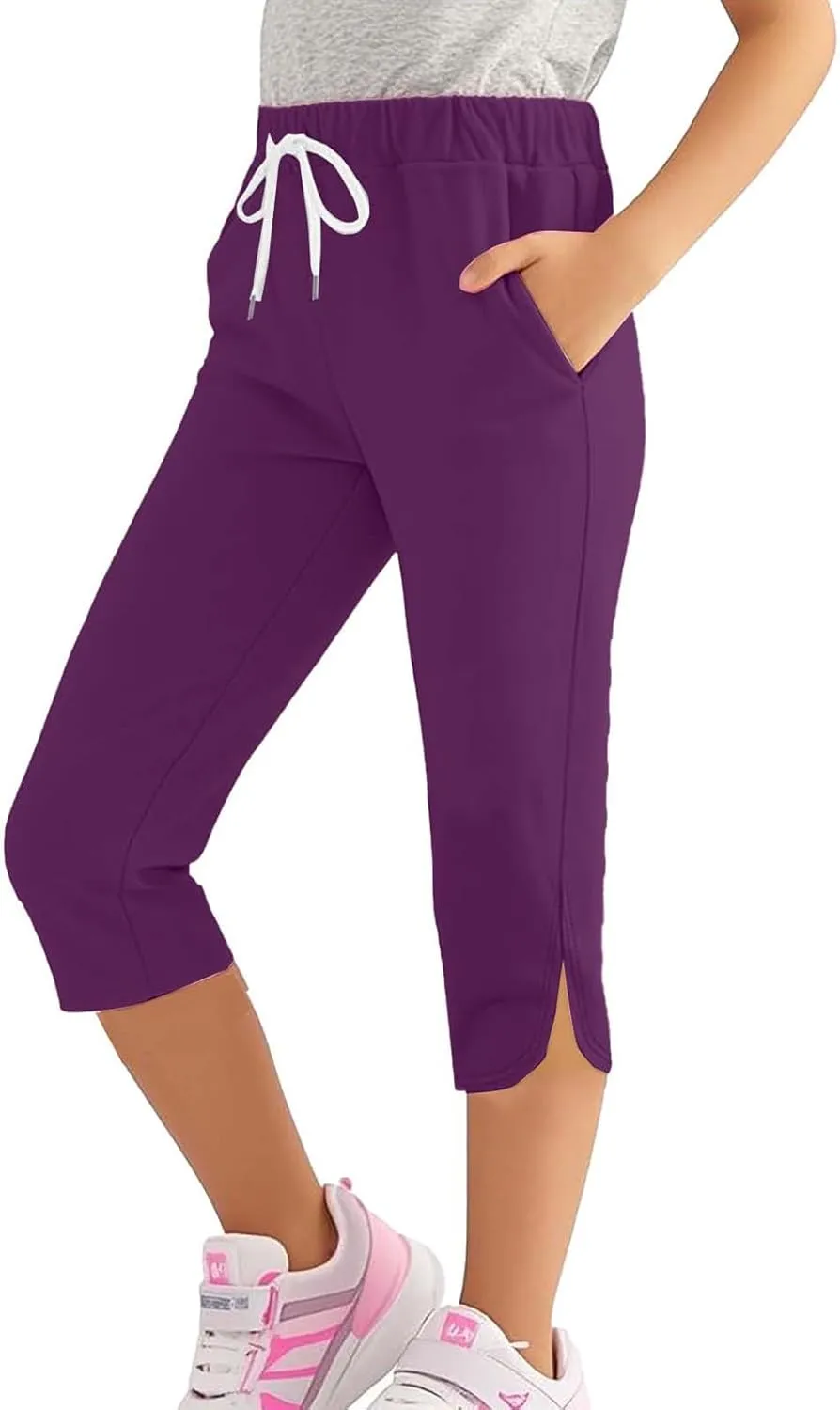 Girl's Capri Yoga Pants High Waist Kids Athletic Stretch Knee Length Leggings Summer Workout Sweatpants with Pockets