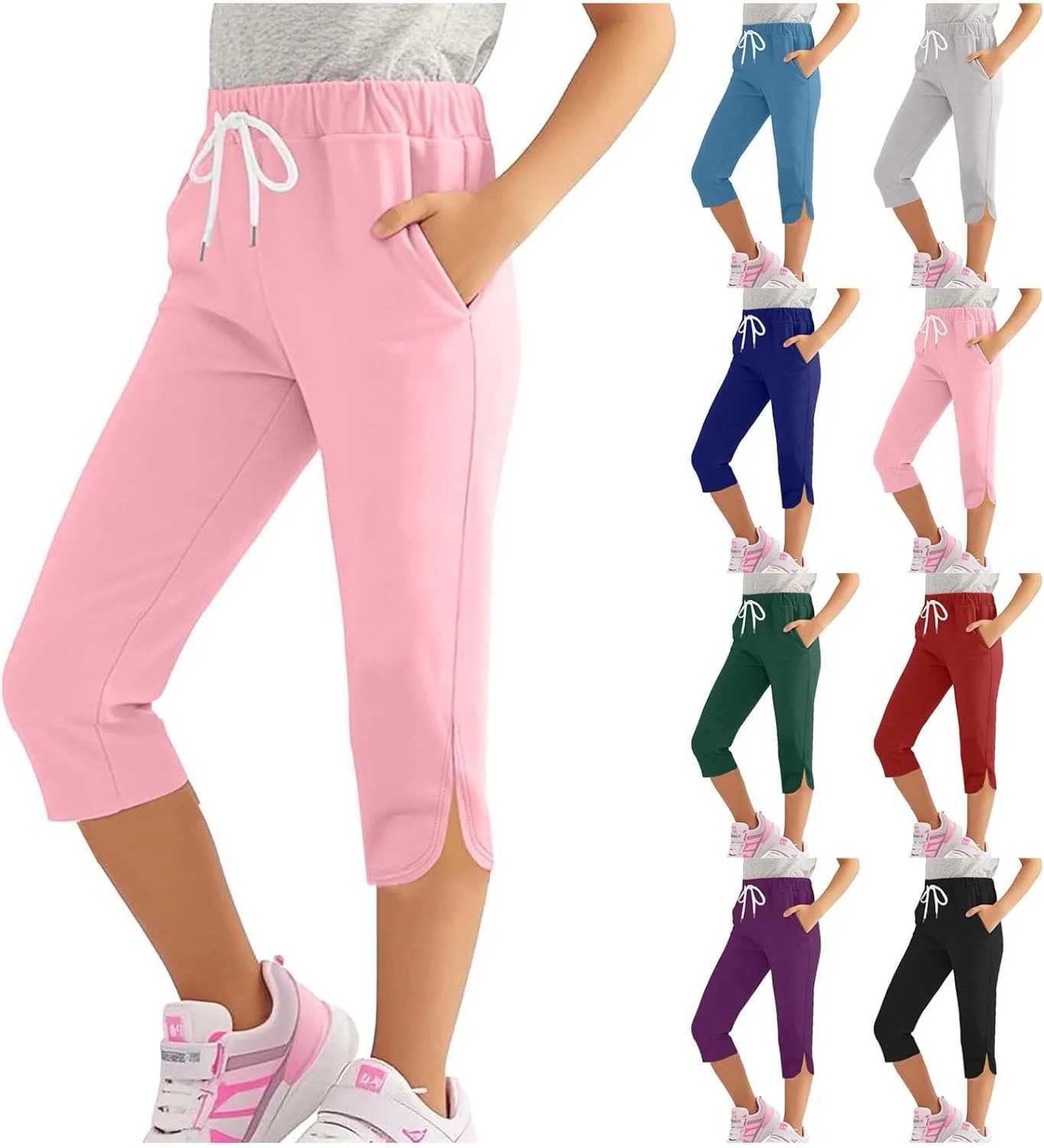 Girl's Capri Yoga Pants High Waist Kids Athletic Stretch Knee Length Leggings Summer Workout Sweatpants with Pockets