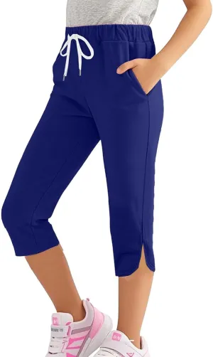 Girl's Capri Yoga Pants High Waist Kids Athletic Stretch Knee Length Leggings Summer Workout Sweatpants with Pockets