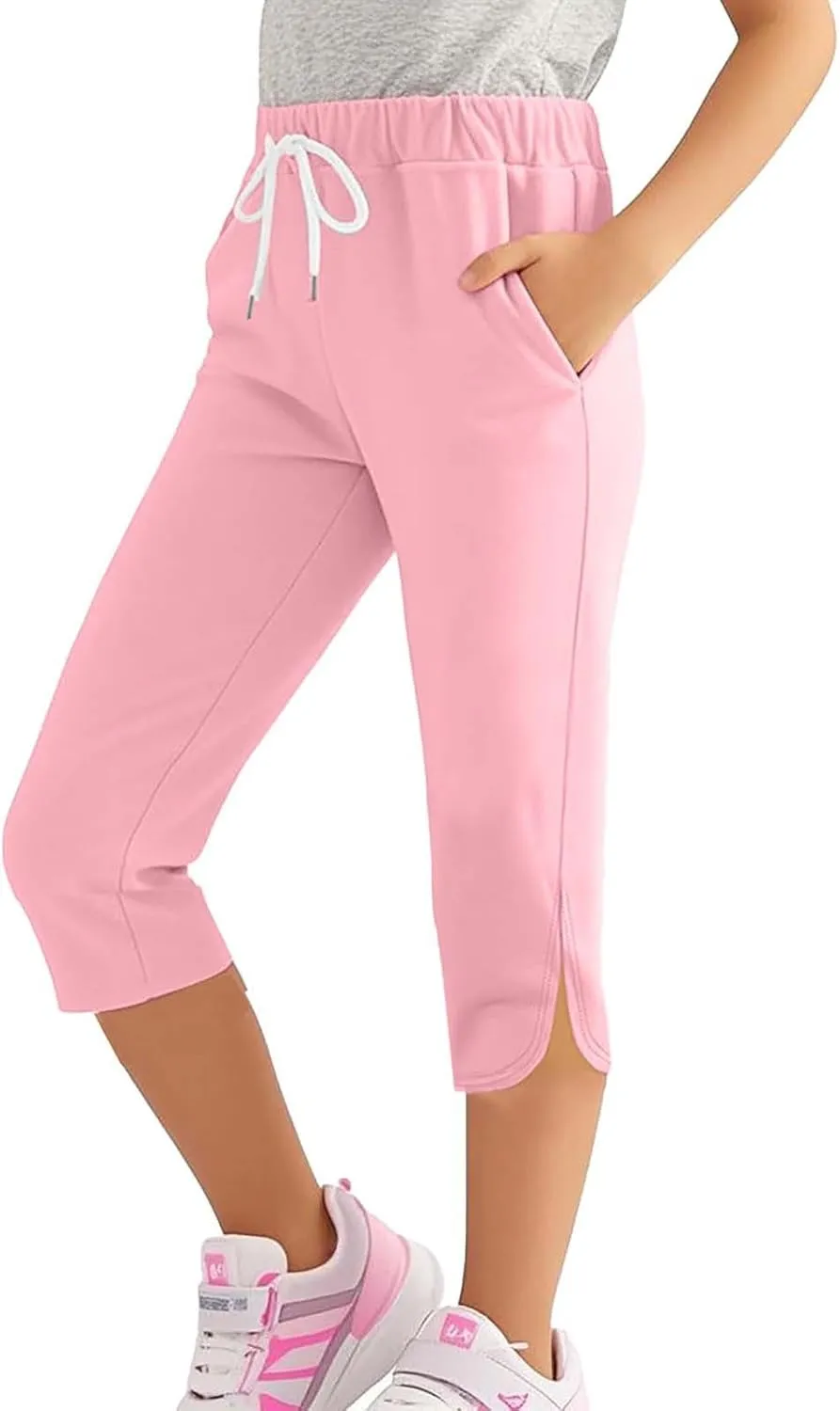 Girl's Capri Yoga Pants High Waist Kids Athletic Stretch Knee Length Leggings Summer Workout Sweatpants with Pockets