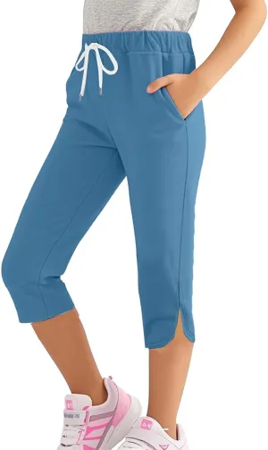 Girl's Capri Yoga Pants High Waist Kids Athletic Stretch Knee Length Leggings Summer Workout Sweatpants with Pockets