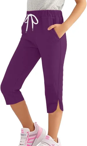 Girl's Capri Yoga Pants High Waist Kids Athletic Stretch Knee Length Leggings Summer Workout Sweatpants with Pockets