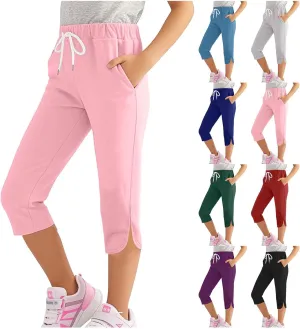 Girl's Capri Yoga Pants High Waist Kids Athletic Stretch Knee Length Leggings Summer Workout Sweatpants with Pockets