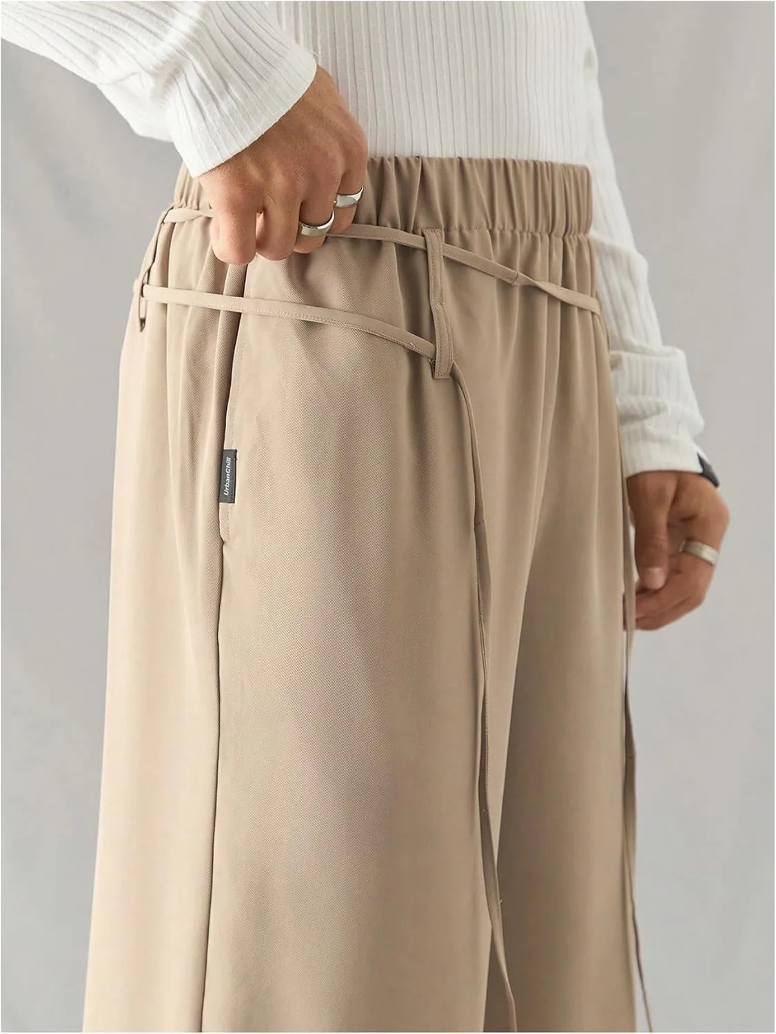 GORGLITTER Men's Elastic Waist Long Suit Pants Straight Leg Trousers with Pockets