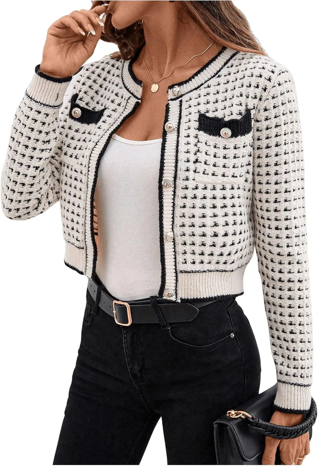 GORGLITTER Women's Contrast Binding Plaid Button Down Sweater Cardigan Color Block Long Sleeve Sweaters Outerwear