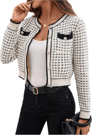 GORGLITTER Women's Contrast Binding Plaid Button Down Sweater Cardigan Color Block Long Sleeve Sweaters Outerwear