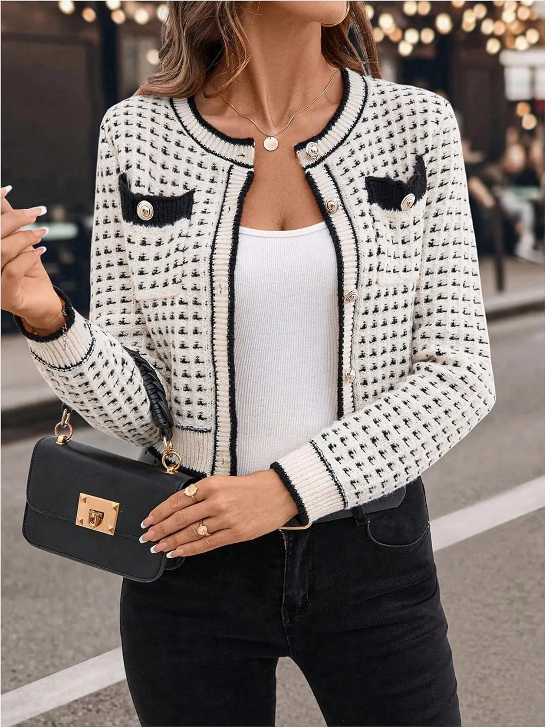 GORGLITTER Women's Contrast Binding Plaid Button Down Sweater Cardigan Color Block Long Sleeve Sweaters Outerwear